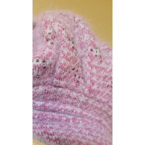 Raspberry & Grey Knit Herringbone Baker Boy Hat accent on side sparkles in Front - Picture 10 of 11